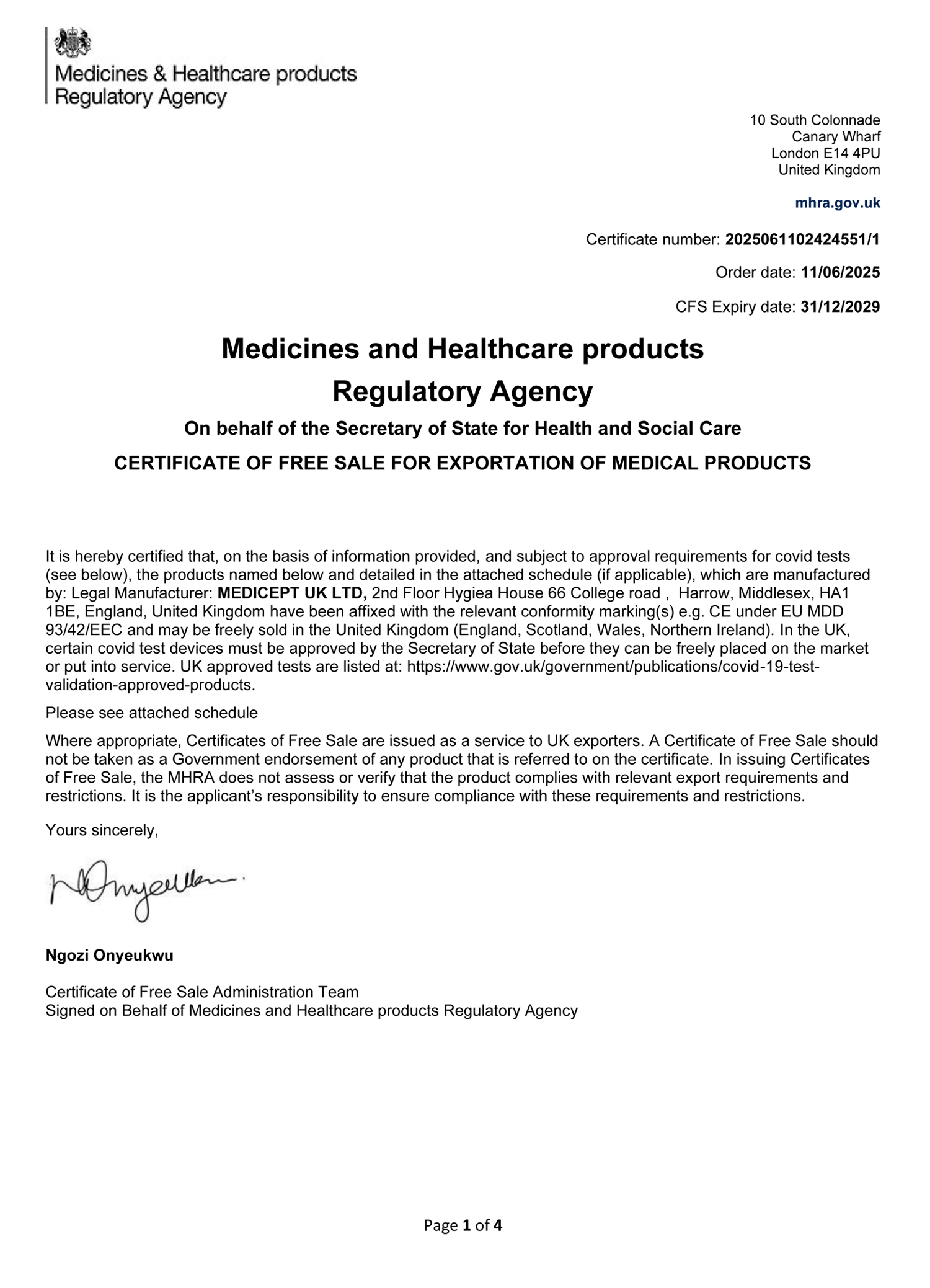 Certificate of Free Sale